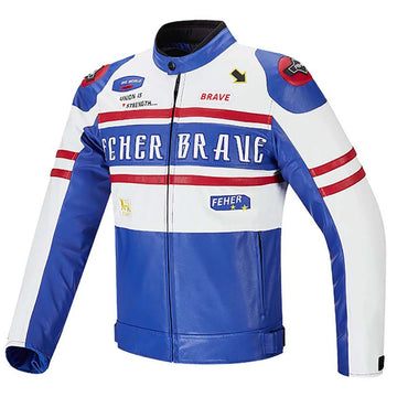 Men's Blue and White Racing Jacket with Red Stripes and Feher Brave Logo