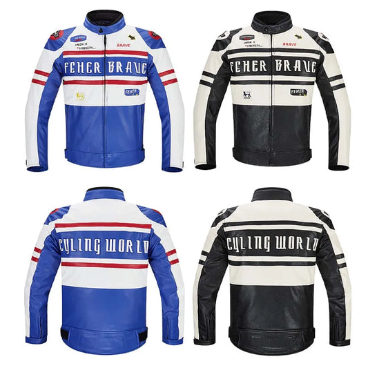 Men's Blue and White Racing Jacket with Red Stripes and Feher Brave Logo
