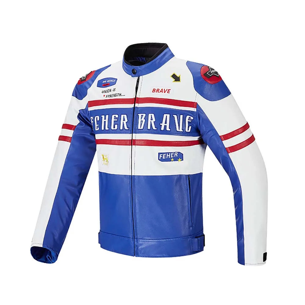 Men's Blue and White Racing Jacket with Red Stripes and Feher Brave Logo