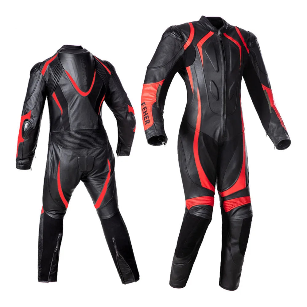 Men's Black and Red Motorcycle Leather Racing Suit with Armor Protection