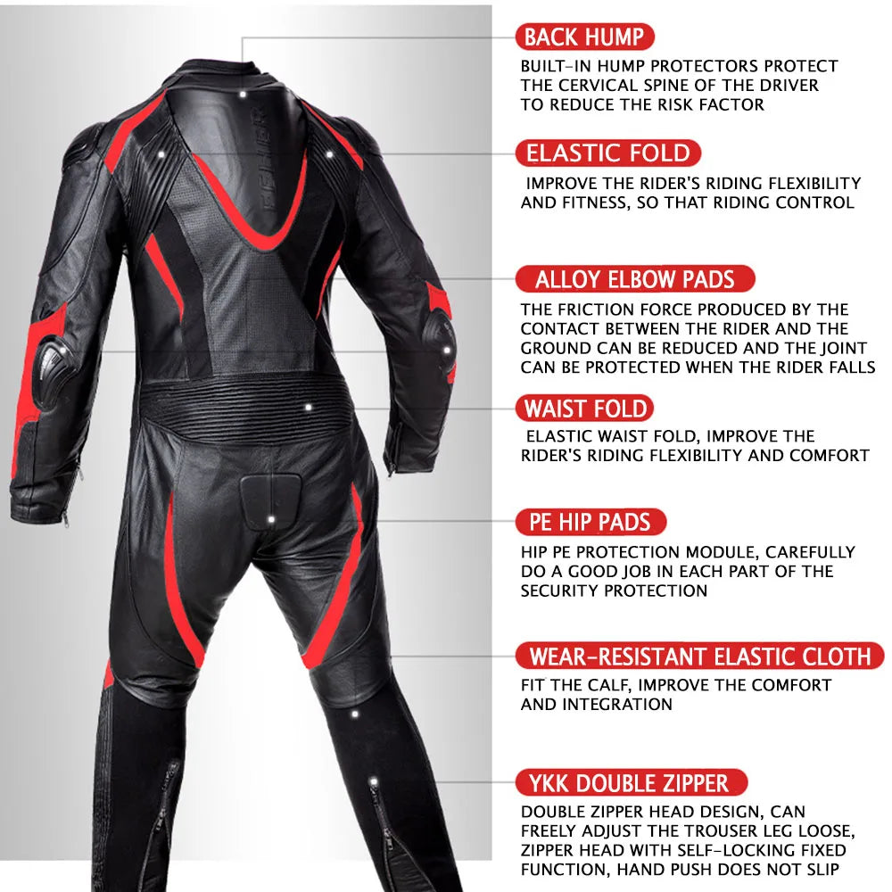 Traje de motociclista de cuero negro y rojo para hombre con protección de armadura