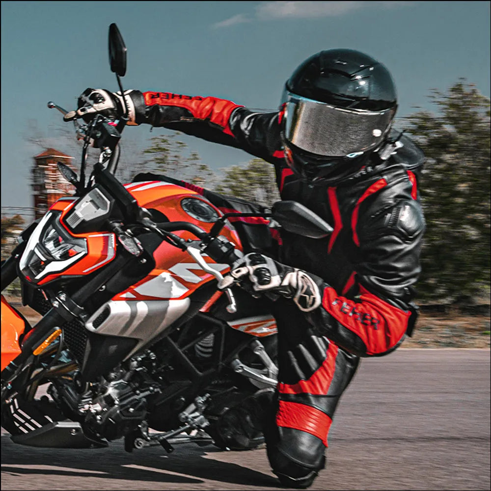 Traje de motociclista de cuero negro y rojo para hombre con protección de armadura