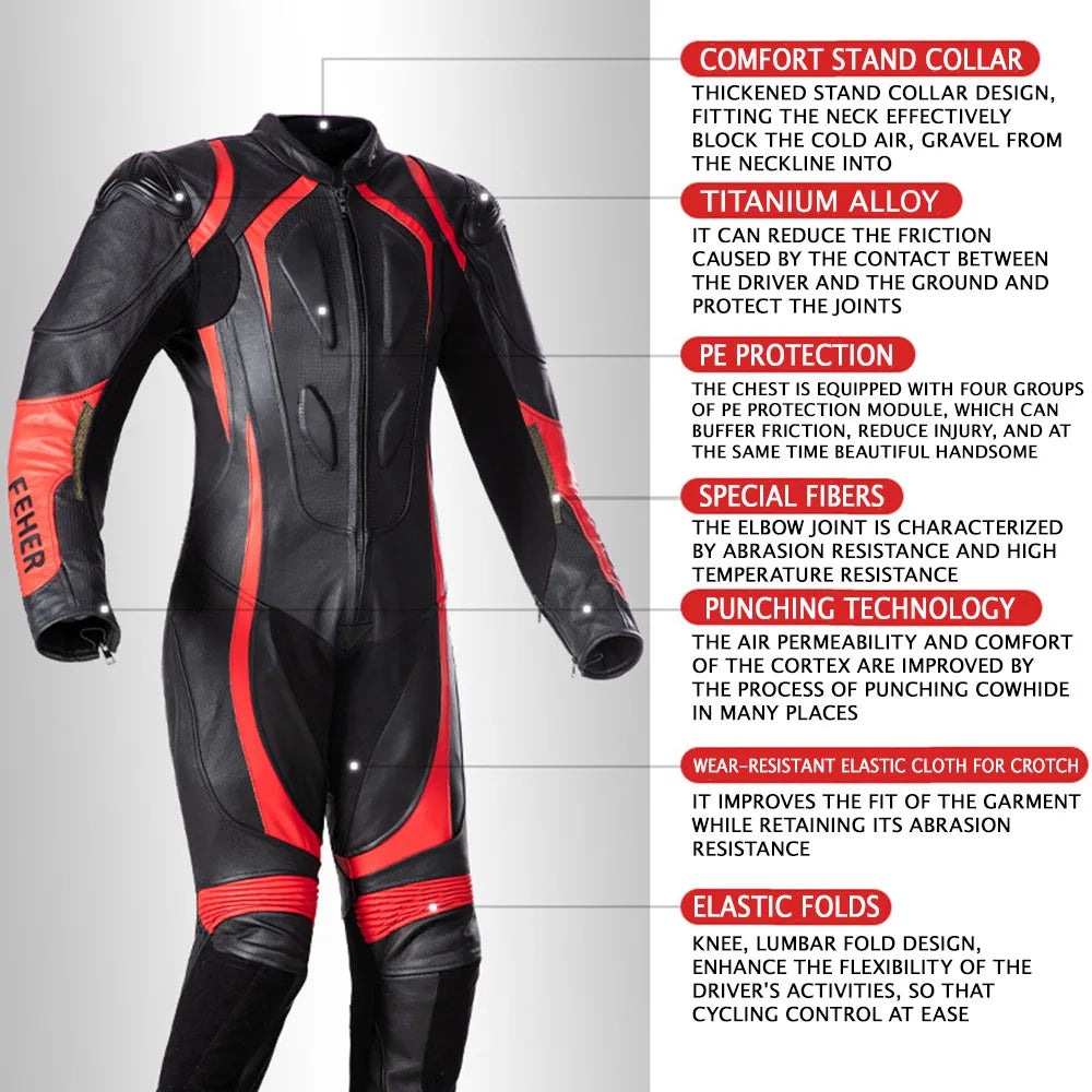 Traje de motociclista de cuero negro y rojo para hombre con protección de armadura