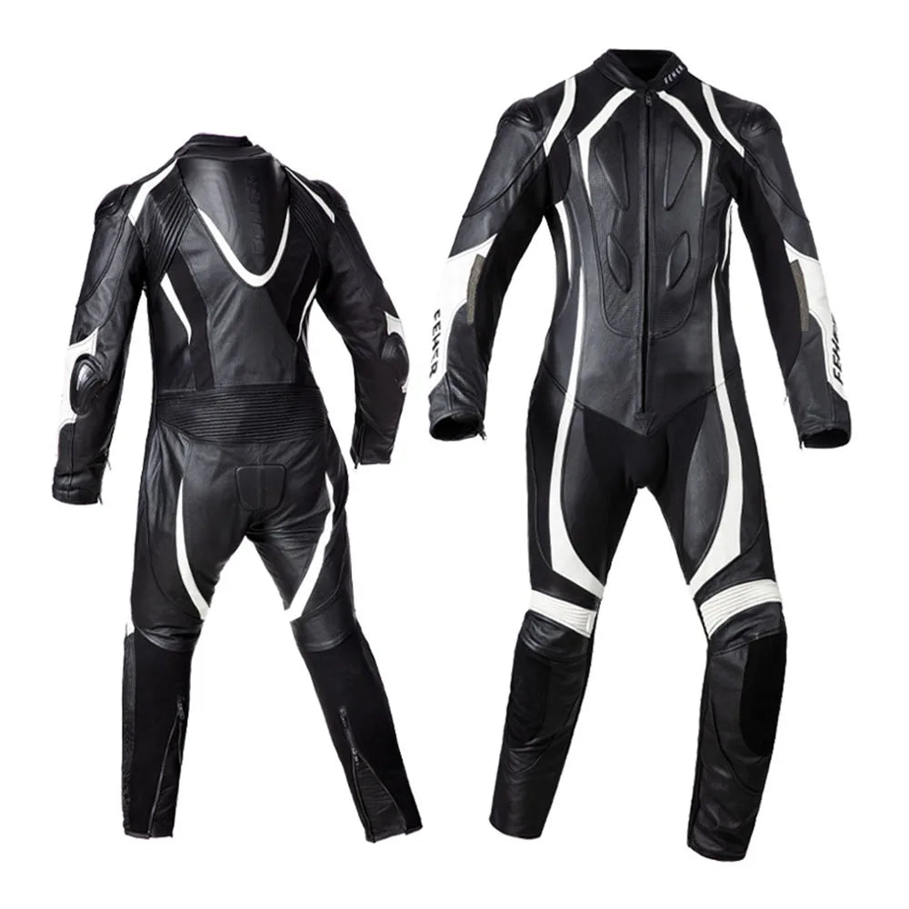Traje de motociclista de cuero negro y rojo para hombre con protección de armadura