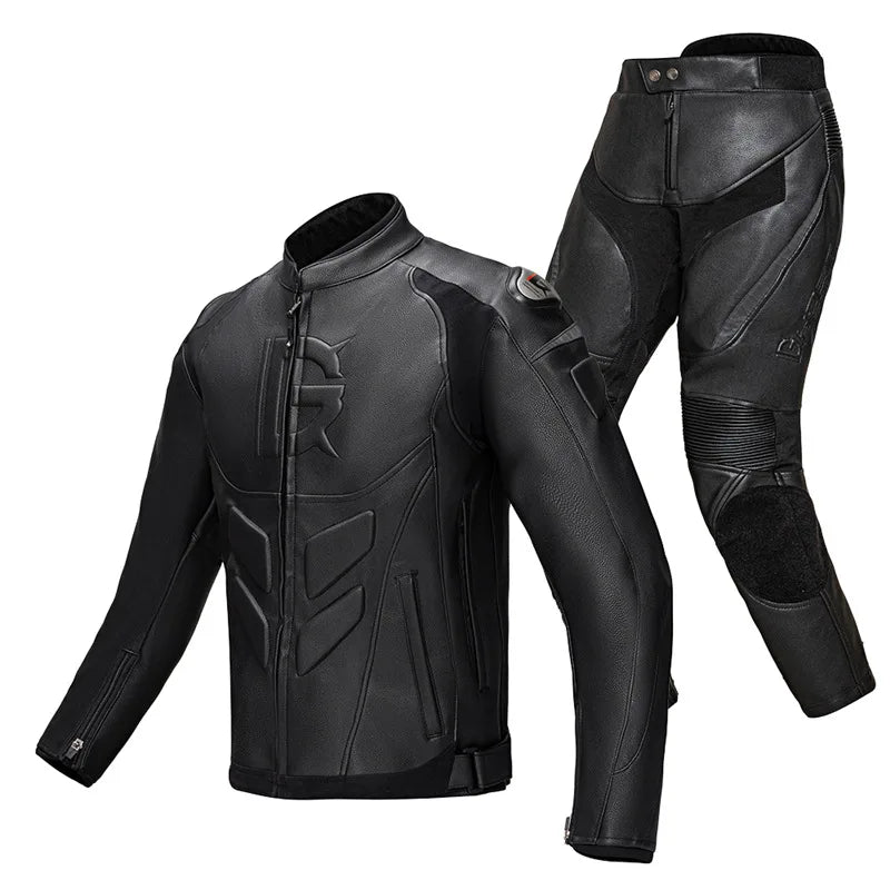 Men's Black Leather Motorcycle Jacket and Pants Set