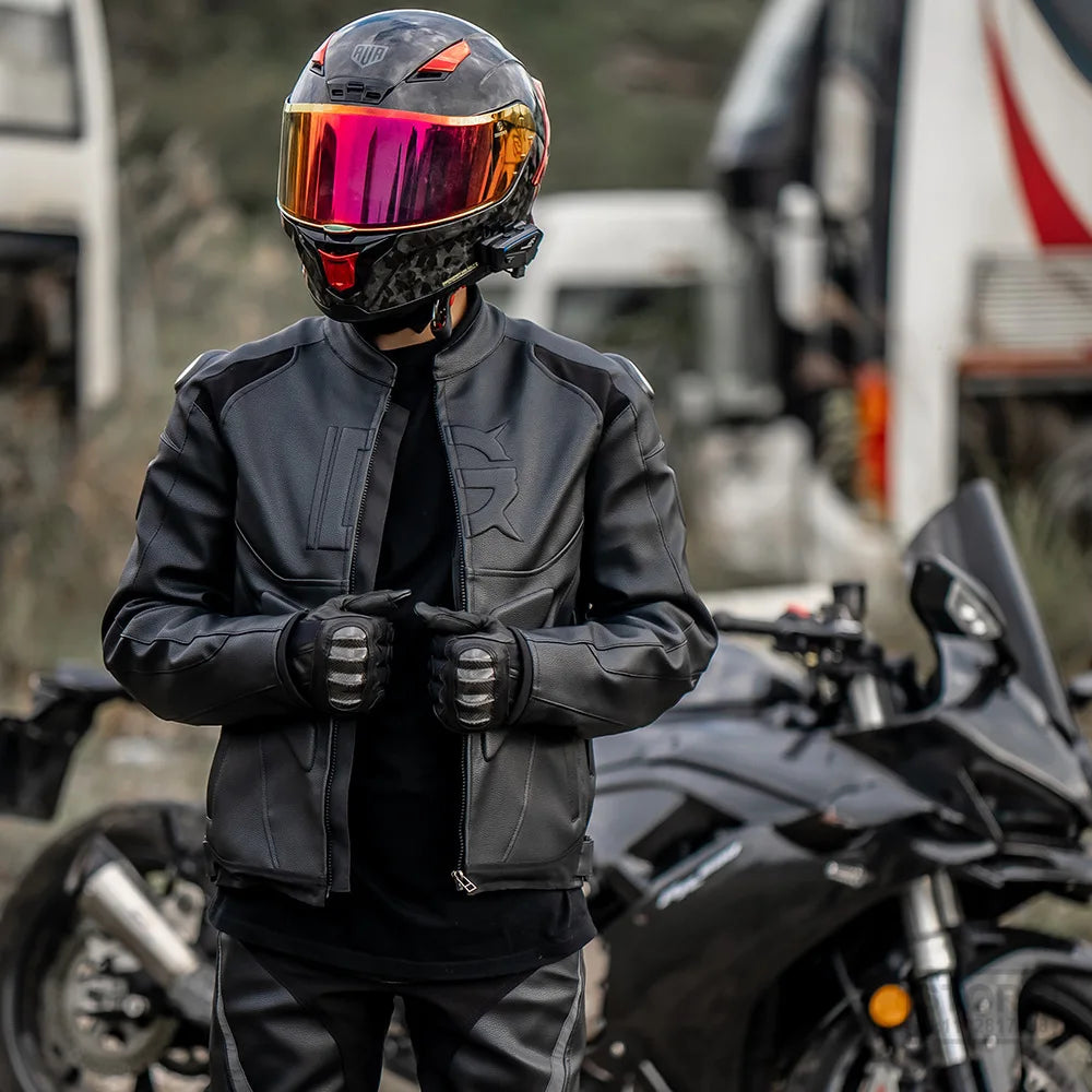 Ensemble veste et pantalon de moto en cuir noir pour homme 