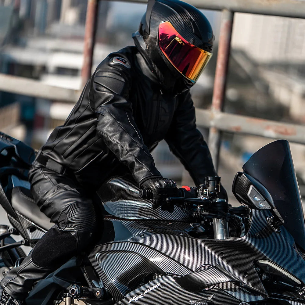 Ensemble veste et pantalon de moto en cuir noir pour homme 
