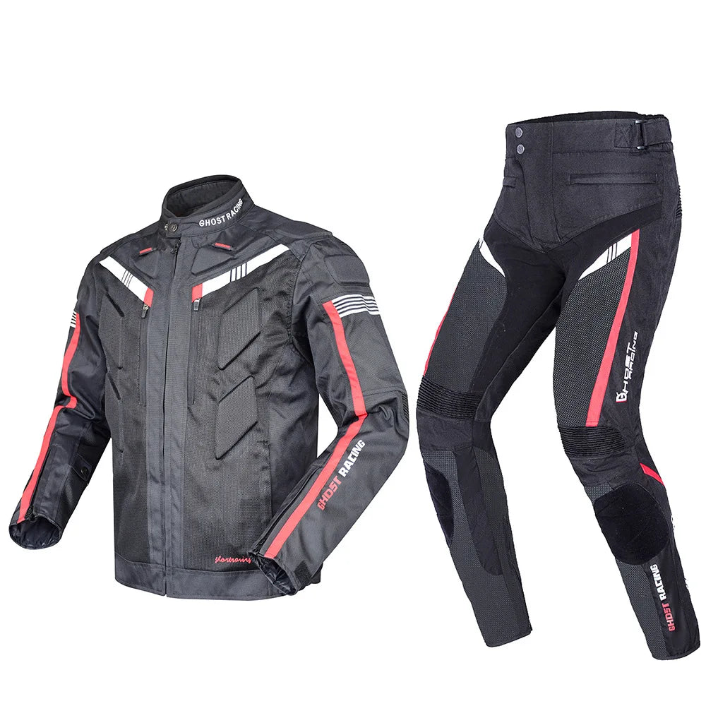 Motorcycle Gear Set Jacket and Pants Black with Red and White Stripes Durable Fabric Protective Pads be right Racing Brand