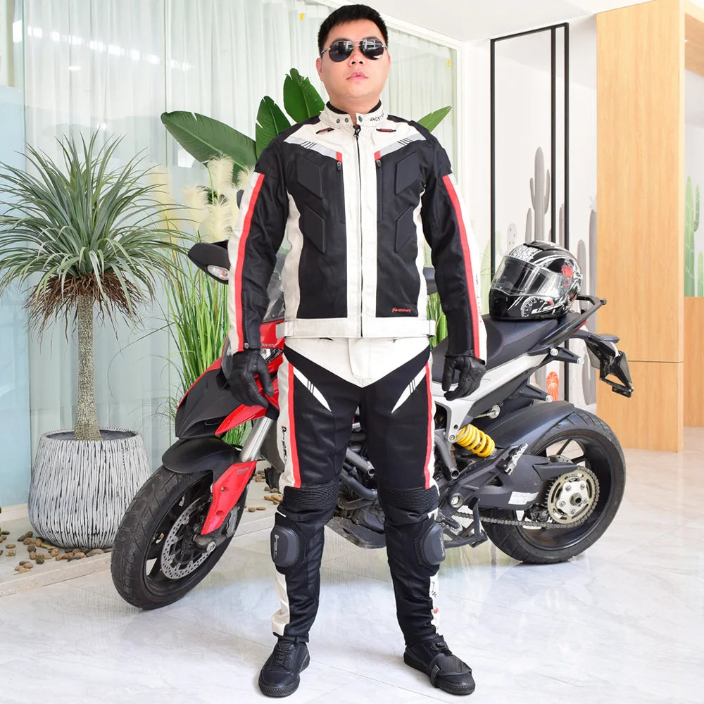 Motorcycle Gear Set Jacket and Pants Black with Red and White Stripes Durable Fabric Protective Pads be right Racing Brand