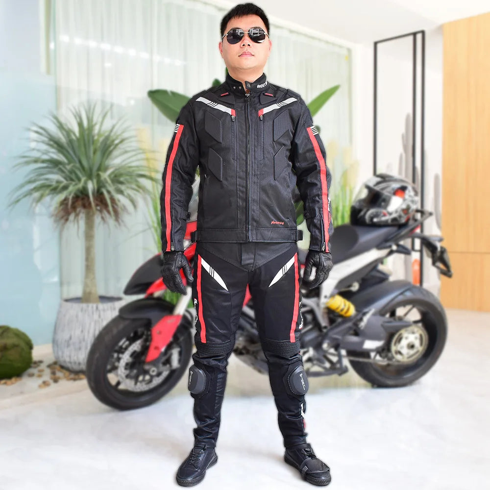 Motorcycle Gear Set Jacket and Pants Black with Red and White Stripes Durable Fabric Protective Pads be right Racing Brand