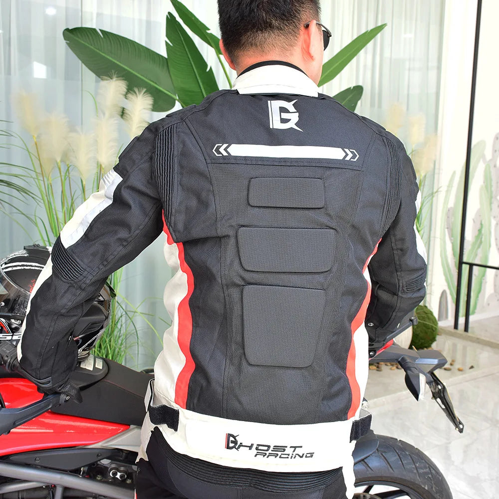Motorcycle Gear Set Jacket and Pants Black with Red and White Stripes Durable Fabric Protective Pads be right Racing Brand