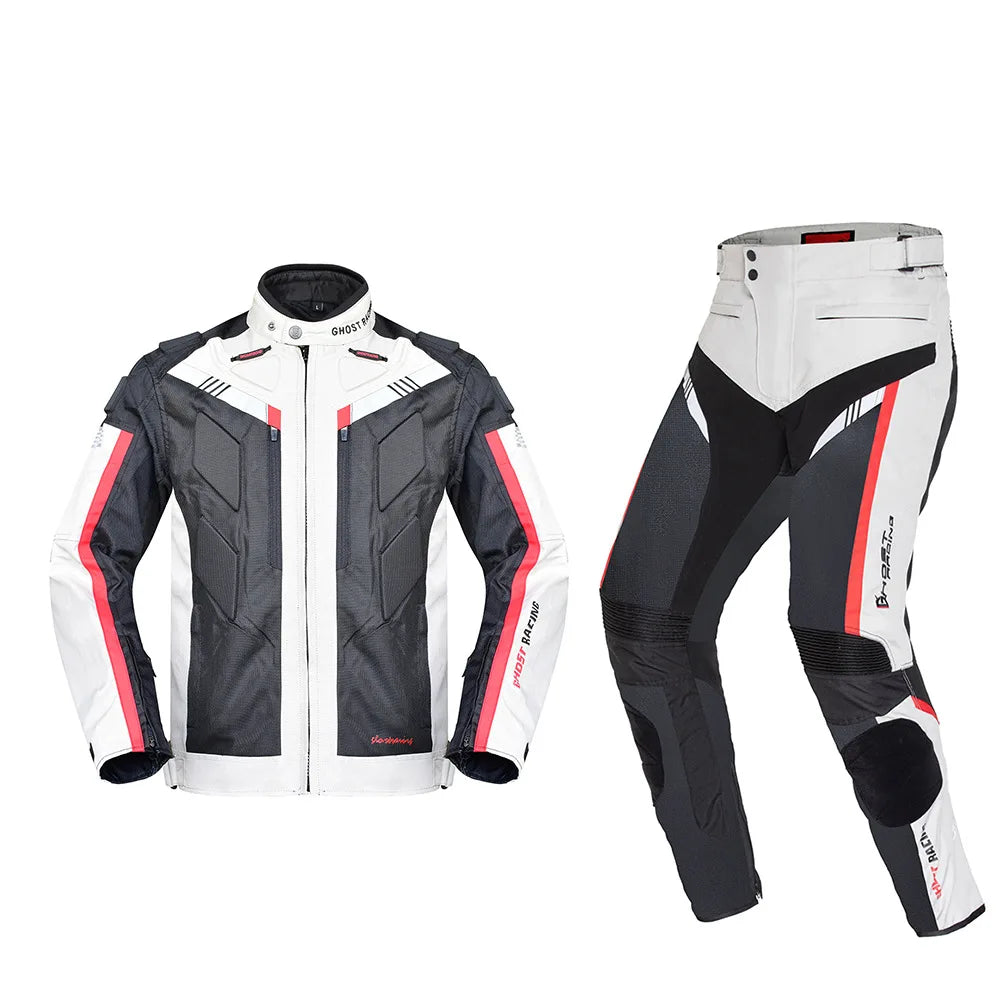 Motorcycle Gear Set Jacket and Pants Black with Red and White Stripes Durable Fabric Protective Pads be right Racing Brand