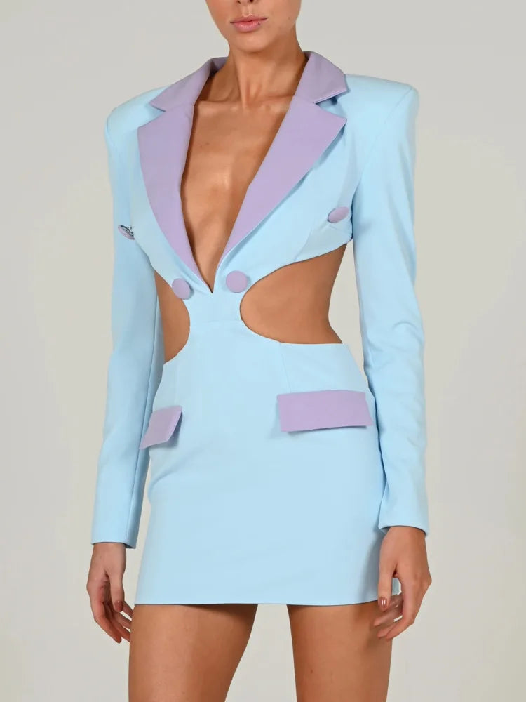 Robe blazer dos nu ajourée pour femme, robe moulante à col cranté et manches longues, tenue de soirée mini 