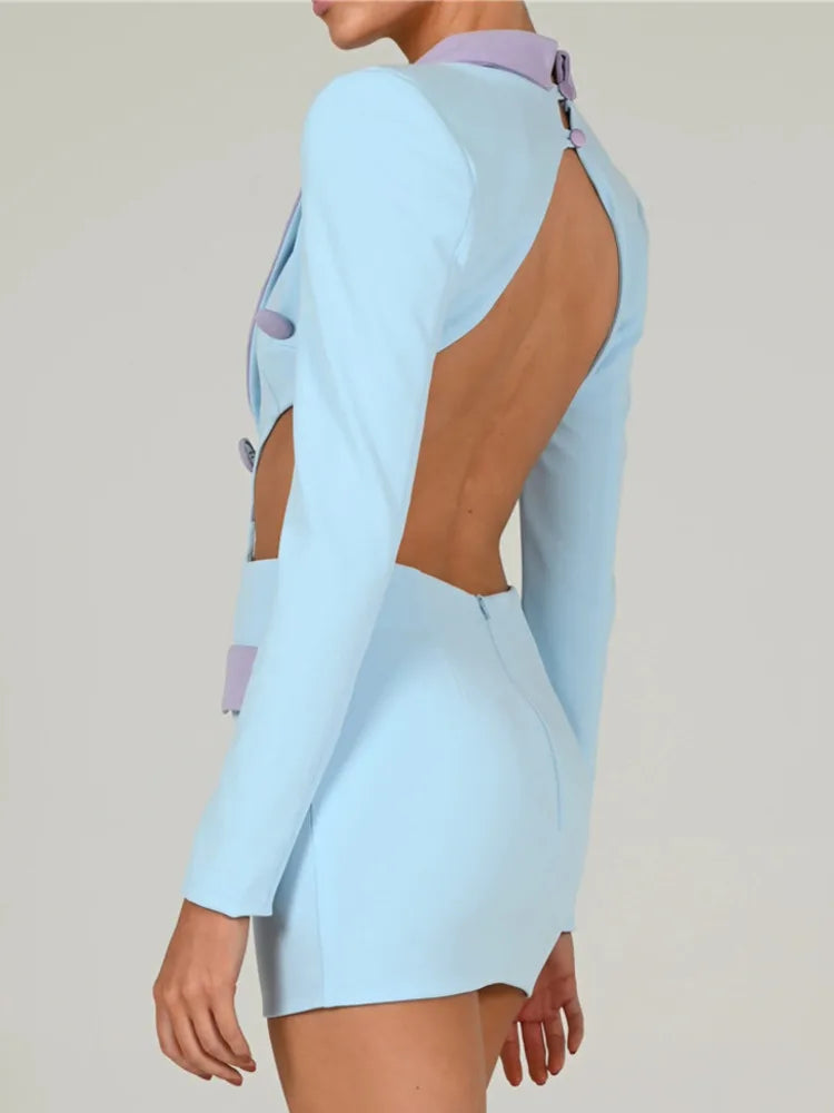 Robe blazer dos nu ajourée pour femme, robe moulante à col cranté et manches longues, tenue de soirée mini 