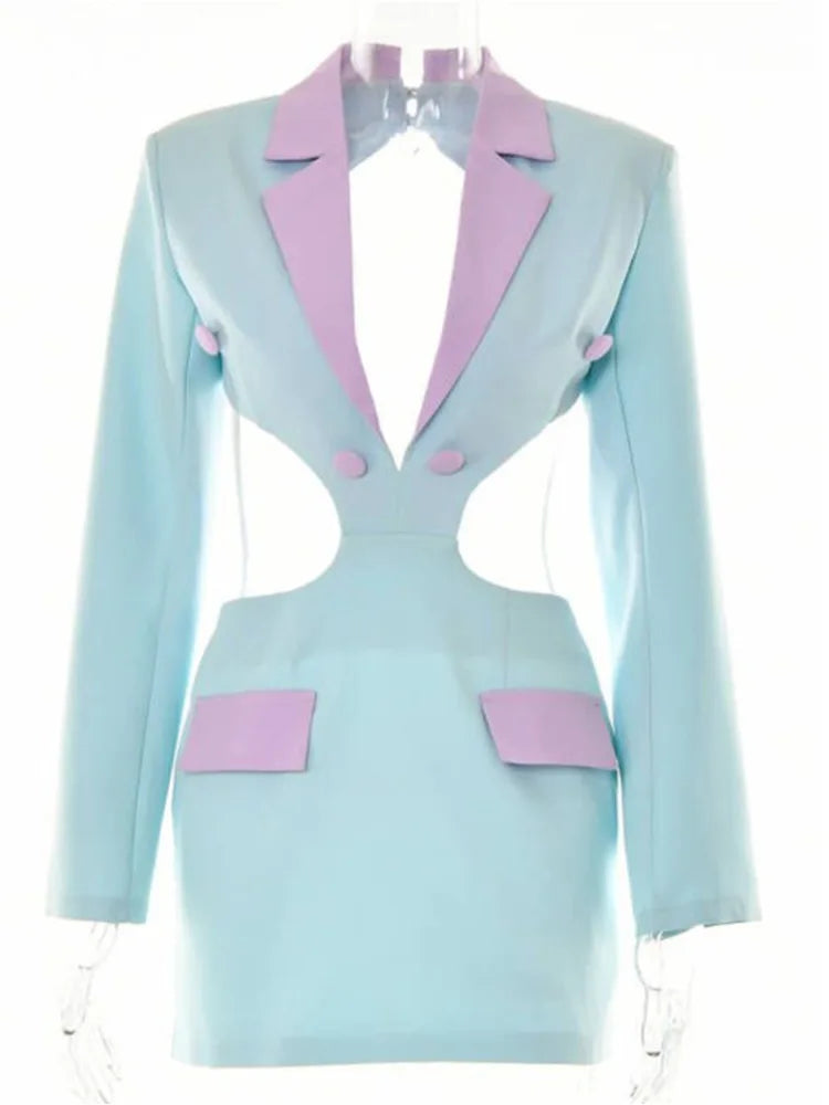 Robe blazer dos nu ajourée pour femme, robe moulante à col cranté et manches longues, tenue de soirée mini 