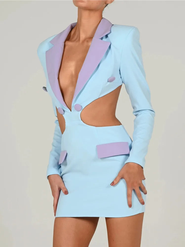 Robe blazer dos nu ajourée pour femme, robe moulante à col cranté et manches longues, tenue de soirée mini 