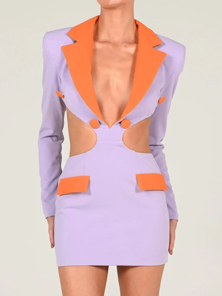 Robe blazer dos nu ajourée pour femme, robe moulante à col cranté et manches longues, tenue de soirée mini 