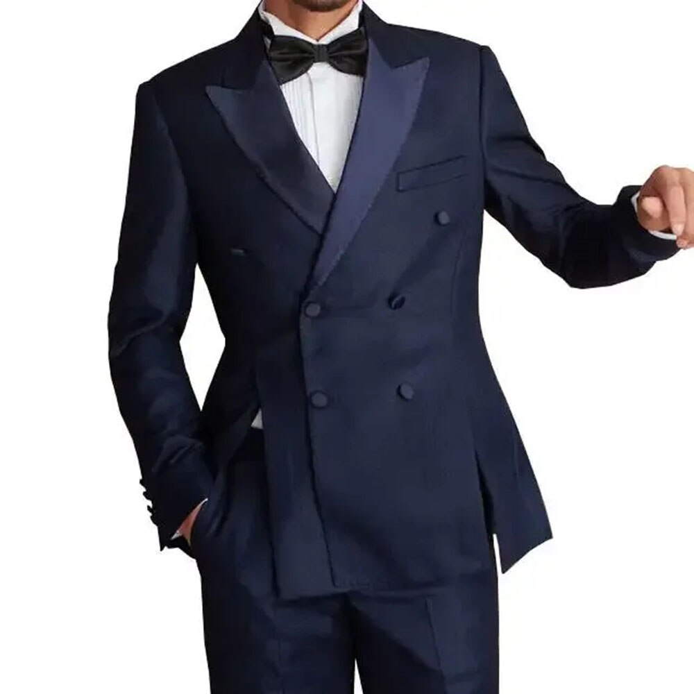 Navy Blue 2Pcs(Jacket+Pant)Groomsmen Blazer Trousers Formal Jackets Slim Fit Costume Work Wear Split Design Business Men's Suits