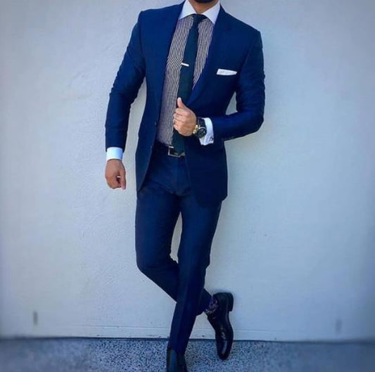 Traje de negocios azul marino y negro para hombre, esmoquin de boda, solapa superior, blazer de dos piezas, chaqueta y pantalones 