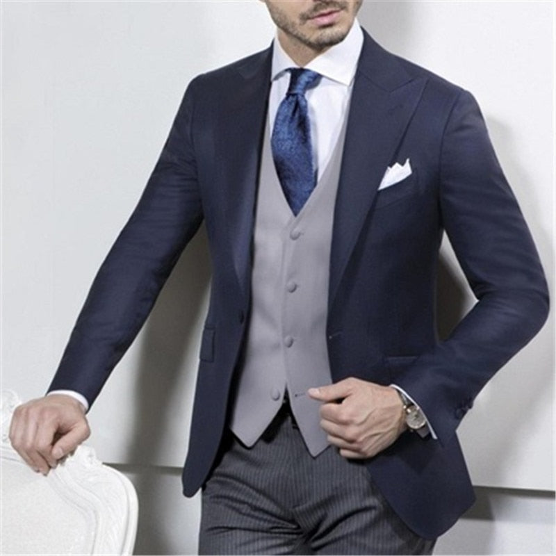 Navy Blue Coat With Grey Vest Wedding Men's Suits 3pcs(Jacket+Stripe Pants+Vest+Tie) Slim Fit Italian Style Groom Blazer Trousers