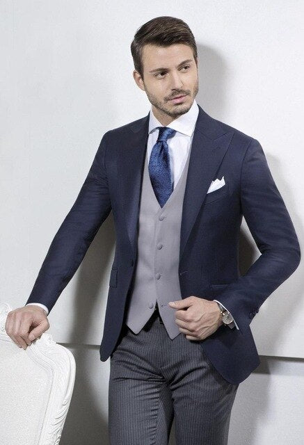 Navy Blue Coat With Grey Vest Wedding Men's Suits 3pcs(Jacket+Stripe Pants+Vest+Tie) Slim Fit Italian Style Groom Blazer Trousers