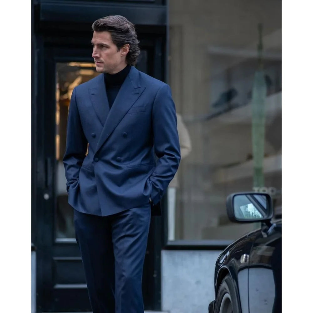 Traje azul marino de doble botonadura recto para hombre, dos piezas (chaqueta + pantalón), solapa, elegante, informal, para fiesta, graduación y boda.