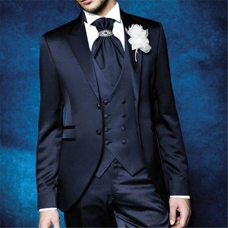 Navy Blue Formal Men Suits For Wedding 3 Pcs (Jacket+Pants+Vest+Tie) Slim Fit Groom Blazer Trousers Custom Party Wear