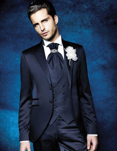 Navy Blue Formal Men Suits For Wedding 3 Pcs (Jacket+Pants+Vest+Tie) Slim Fit Groom Blazer Trousers Custom Party Wear