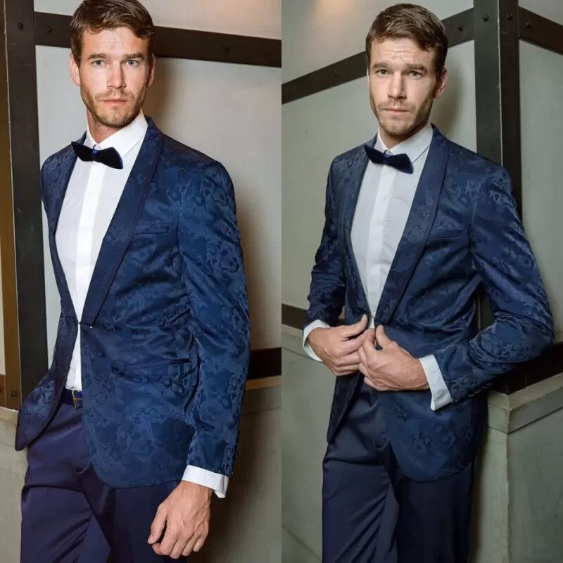 Navy Blue Men Suit 2 Pieces Jacquard Blazer Pants One Button Peaked Lapel Tuxedo Business Modern Wedding Groom Costume Homme