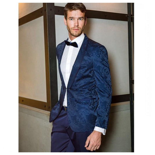 Navy Blue Men Suit 2 Pieces Jacquard Blazer Pants One Button Peaked Lapel Tuxedo Business Modern Wedding Groom Costume Homme