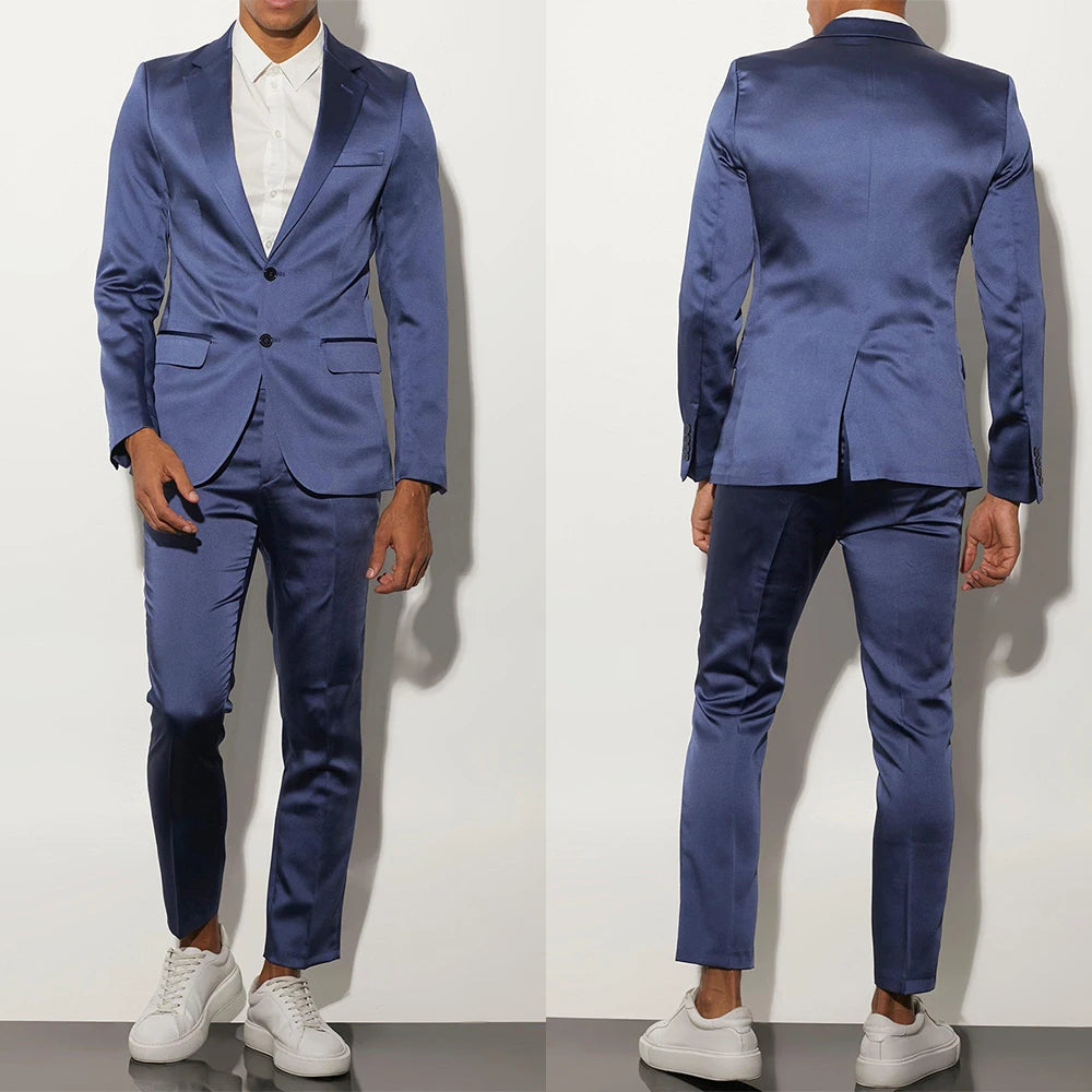 Traje azul marino para hombre, a medida, 2 piezas, blazer, pantalón, satén, botonadura sencilla, moderno, para negocios, boda, novio, graduación, a medida.
