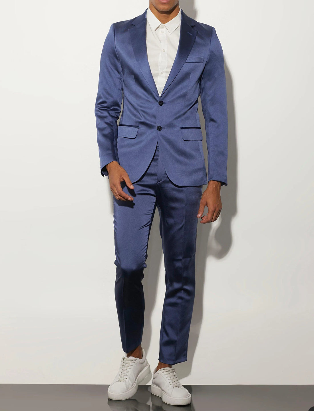 Traje azul marino para hombre, a medida, 2 piezas, blazer, pantalón, satén, botonadura sencilla, moderno, para negocios, boda, novio, graduación, a medida.