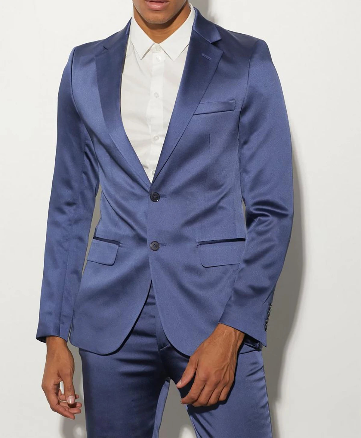 Traje azul marino para hombre, a medida, 2 piezas, blazer, pantalón, satén, botonadura sencilla, moderno, para negocios, boda, novio, graduación, a medida.