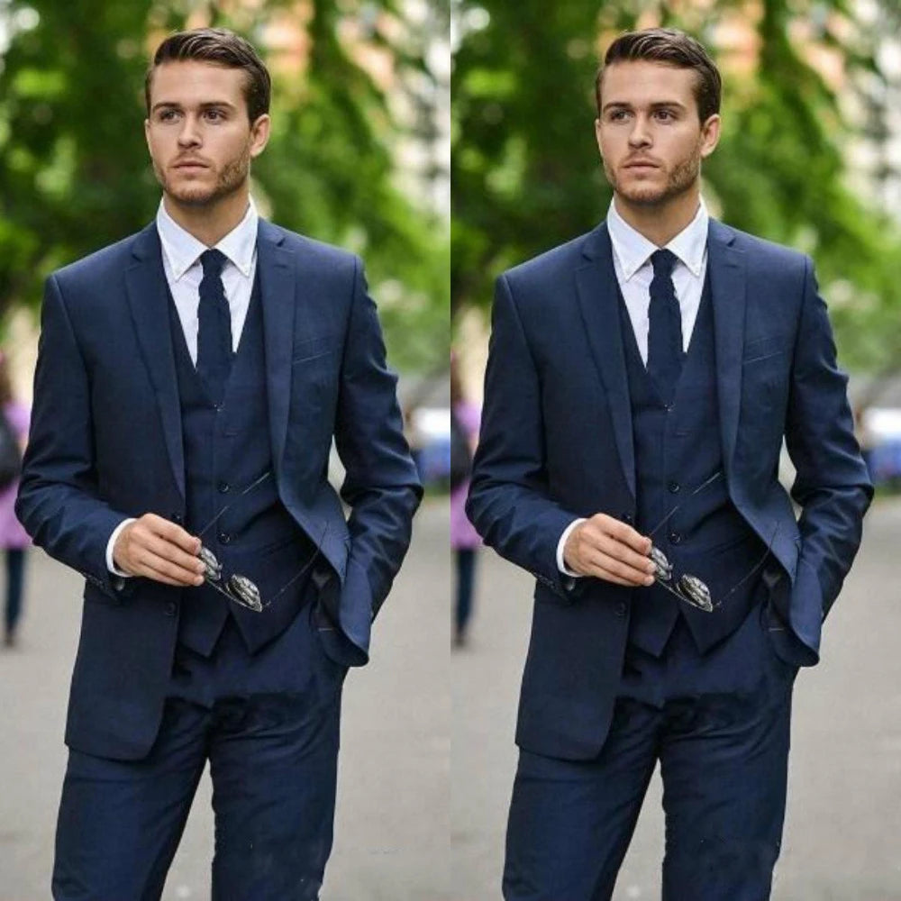 Costume bleu marine pour homme, ensemble blazer à revers crantés, sur mesure, 3 pièces (veste, pantalon, gilet)