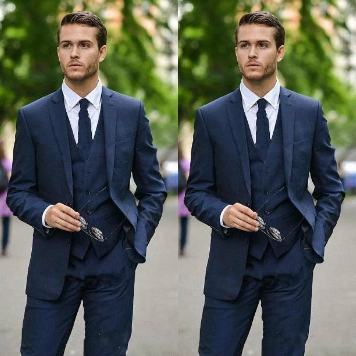 Costume bleu marine pour homme, ensemble blazer à revers crantés, sur mesure, 3 pièces (veste, pantalon, gilet)