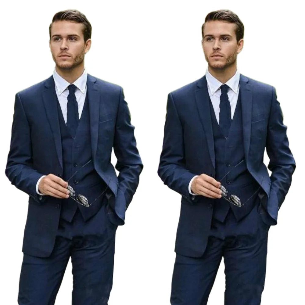 Costume bleu marine pour homme, ensemble blazer à revers crantés, sur mesure, 3 pièces (veste, pantalon, gilet)