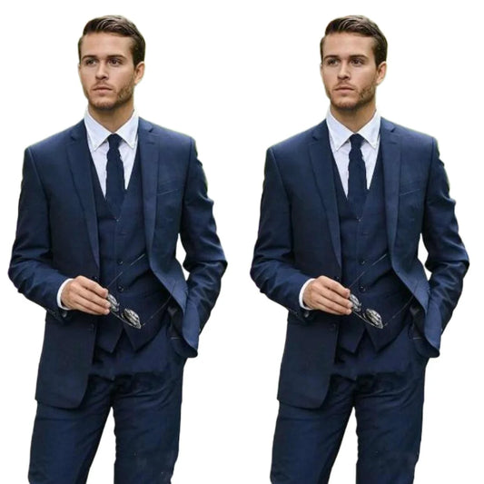 Traje azul marino para hombre, con solapa de muesca, conjunto de 3 piezas (chaqueta, pantalón y chaleco)