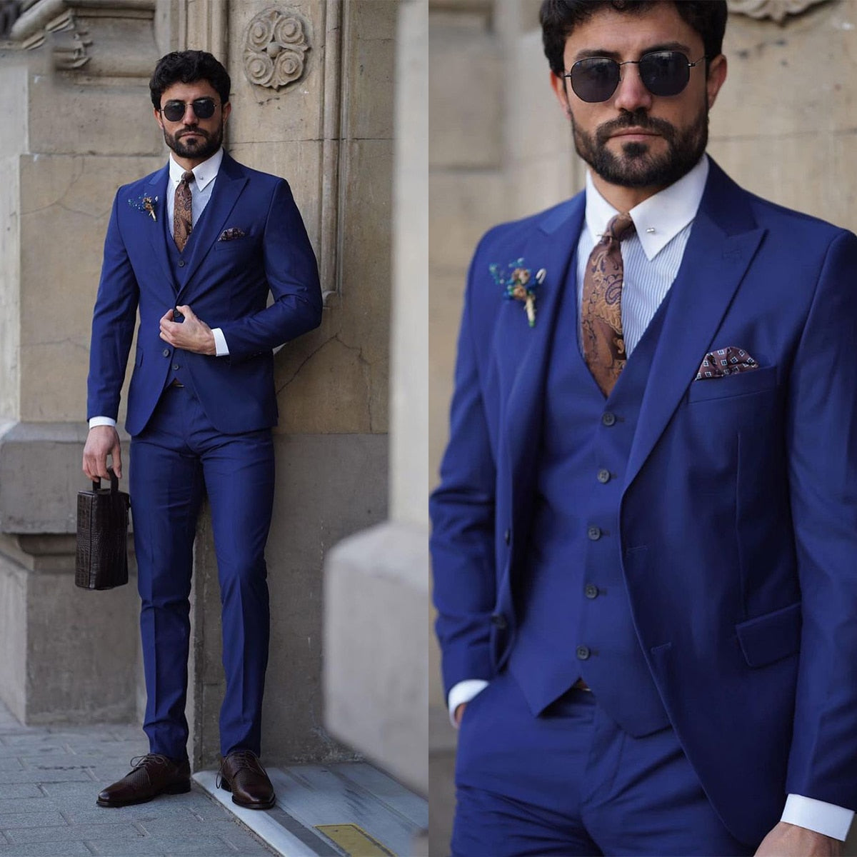 Navy Blue Men's Suit 3 Pieces Blazer Vest Pants Single Breasted Peaked Lapel Business Slim Wedding Groom Tailored Costume Homme