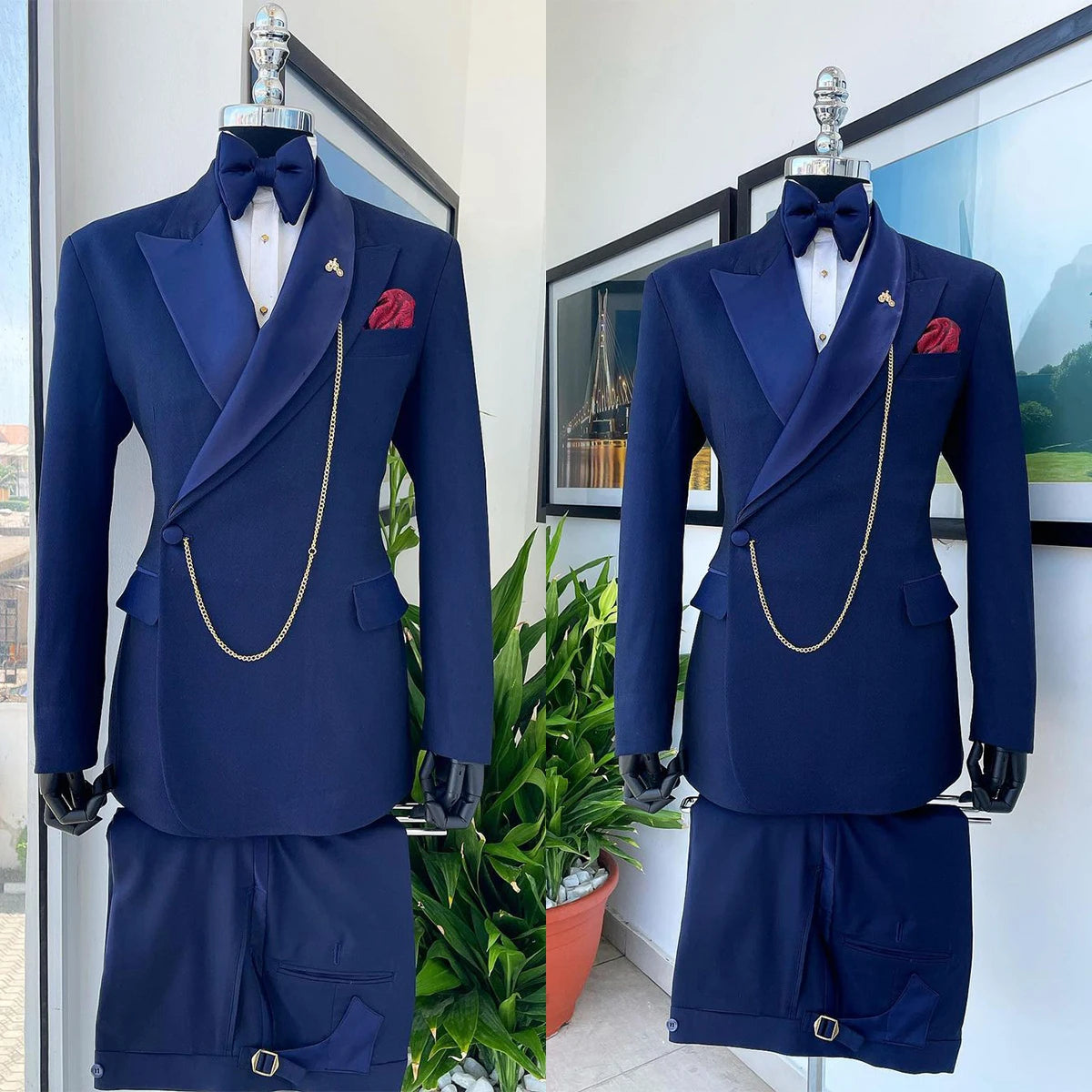 Navy Blue Men's Suits Tailored 2 Pieces Blazer Pants One Button Peaked Satin Lapel Formal Groom Slim Fit Customed Plus Size