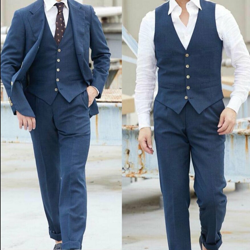 Costume bleu marine pour homme, deux boutons, revers en pointe, smoking de mariage, bal, soirée, dîner, sur mesure, 3 pièces