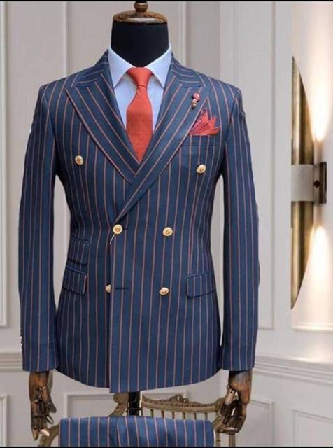 Navy Blue Orange Stripe Double Breasted Suit 2 Pieces Blazer Trousers Men'S Sets Wedding Clothing Party Wear