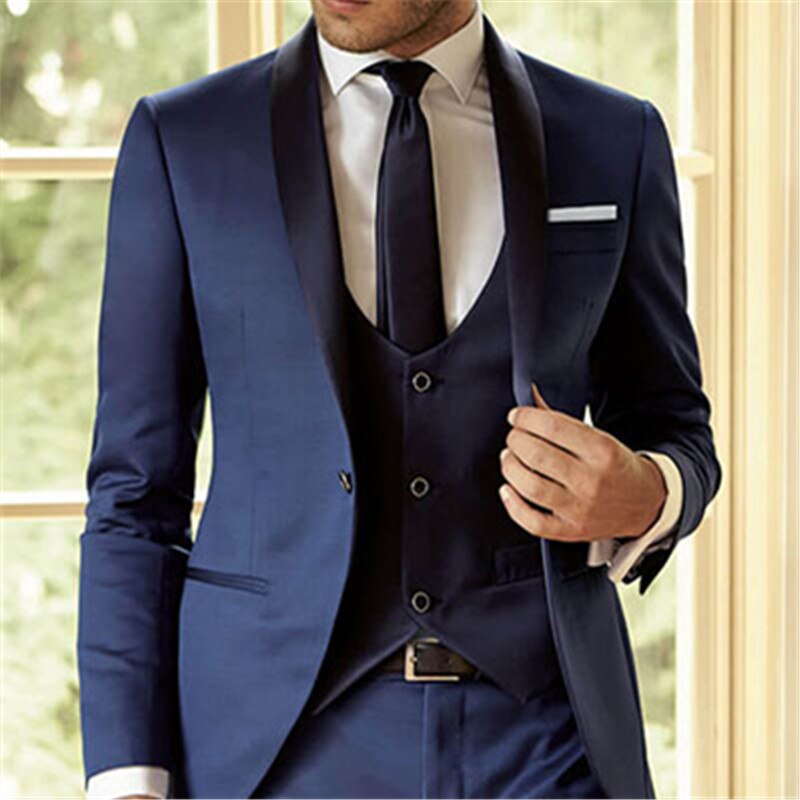 Navy Blue Shawl Lapel Formal Men Suits Coat Blazer Trousers Slim Fit Prom Groom 3 Pcs Jacket+Pants+Vest