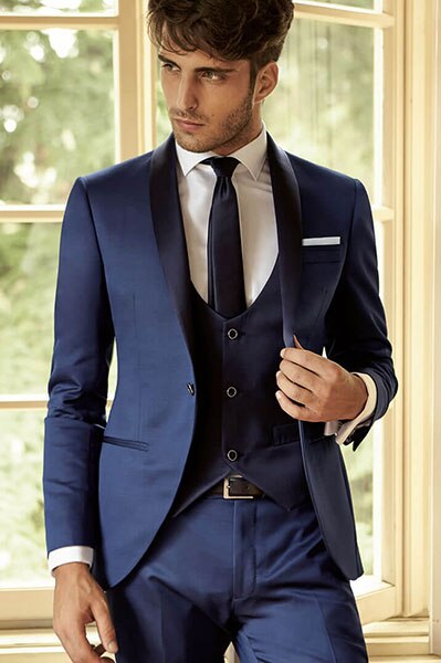 Navy Blue Shawl Lapel Formal Men Suits Coat Blazer Trousers Slim Fit Prom Groom 3 Pcs Jacket+Pants+Vest