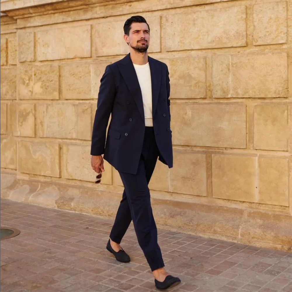 Traje azul marino liso para hombre, 2 piezas, elegante, con solapa de pico, cruzado, traje para hombre, corte entallado, informal, para negocios, fiesta de graduación, boda, esmoquin 