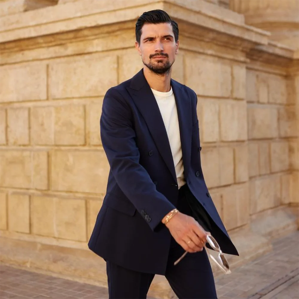 Traje azul marino liso para hombre, 2 piezas, elegante, con solapa de pico, cruzado, traje para hombre, corte entallado, informal, para negocios, fiesta de graduación, boda, esmoquin 