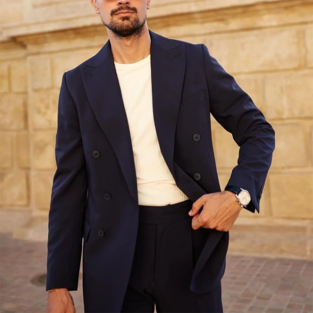 Traje azul marino liso para hombre, 2 piezas, elegante, con solapa de pico, cruzado, traje para hombre, corte entallado, informal, para negocios, fiesta de graduación, boda, esmoquin 