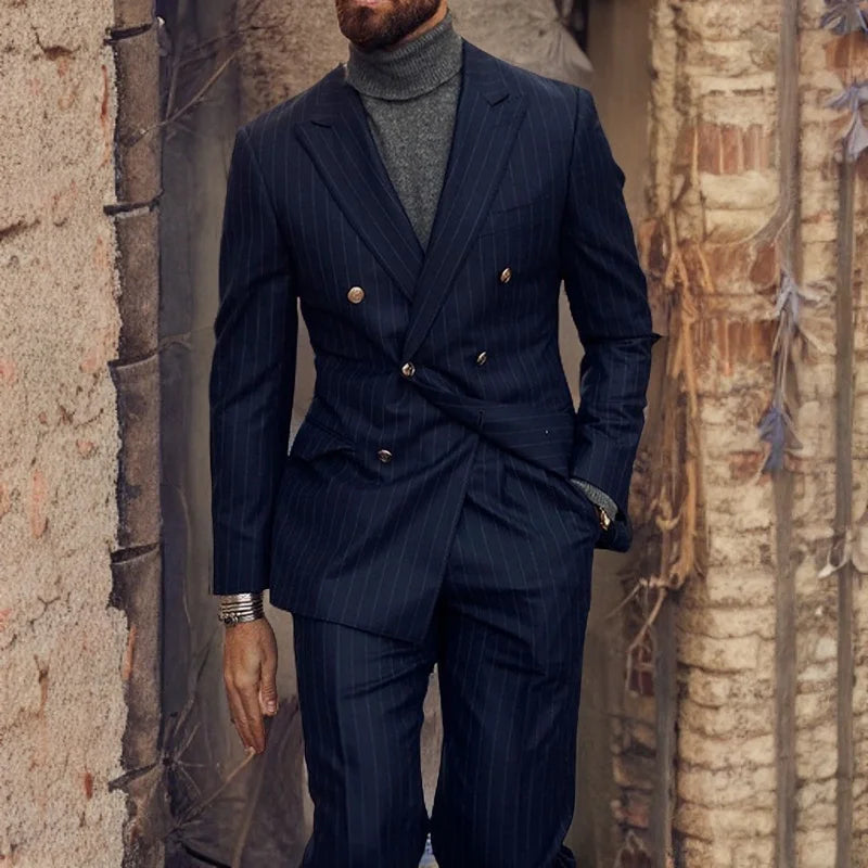 Costume homme d'affaires bleu marine à rayures, smoking de mariage, croisé, coupe slim, tendance (veste + pantalon)
