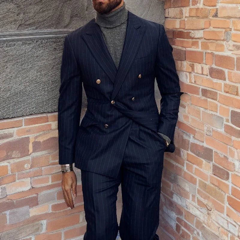 Costume homme d'affaires bleu marine à rayures, smoking de mariage, croisé, coupe slim, tendance (veste + pantalon)