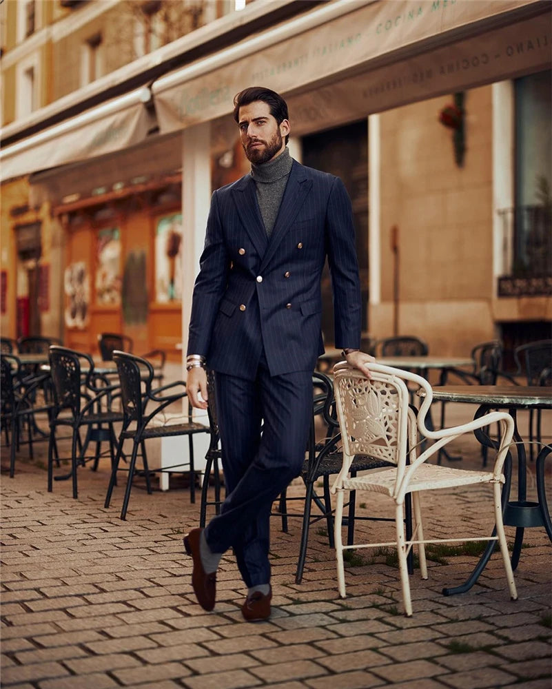 Costume homme d'affaires bleu marine à rayures, smoking de mariage, croisé, coupe slim, tendance (veste + pantalon)