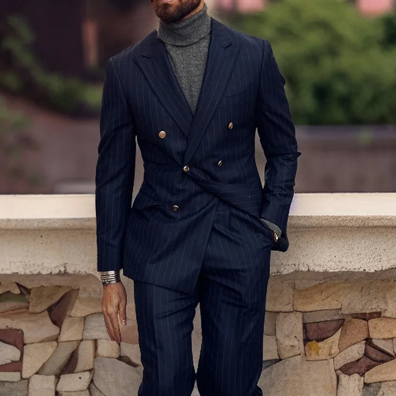 Costume homme d'affaires bleu marine à rayures, smoking de mariage, croisé, coupe slim, tendance (veste + pantalon)